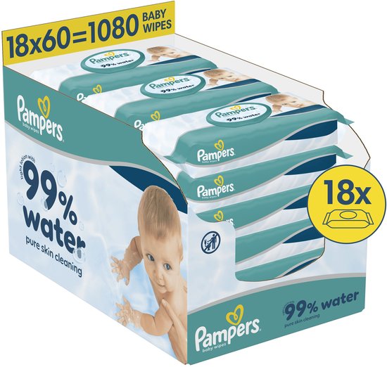 Pampers 99% Water Billendoekjes - Zachte Lotion Met 99% Water - 18 Verpakkingen van 60 Doekjes = 1080 Babydoekjes