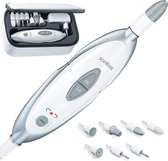 Sanitas SMA 35 Electric nail file - Nail drill - Electric Manicure and Pedicure set - 7 Attachments - Storage bag - Protective cap - 2 Settings - Left and right rotation - White/silver - Packaging damaged