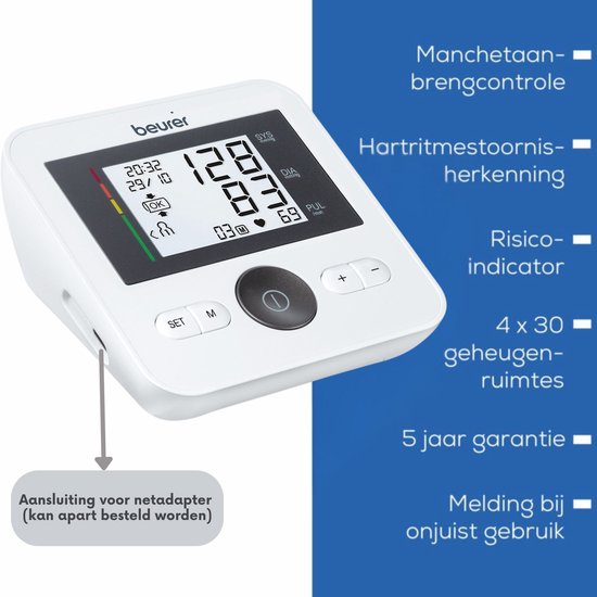 Beurer BM 27+ Oberarm-Blutdruckmessgerät – Netzbetrieb &amp; Batterie – Empfohlen von der Herzstiftung – Unregelmäßiger Herzschlag – Risikoindikator – Manschetten-Anlegekontrolle – Manschette 22-42 cm