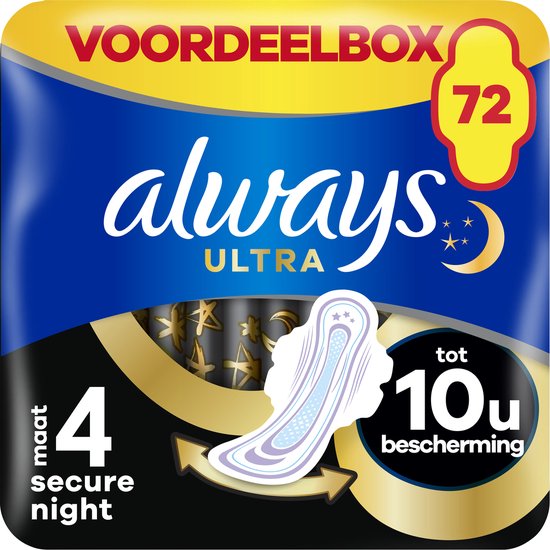 Always Ultra Secure Night – Damenbinden mit Flügeln – Vorteilsbox 72 Stück