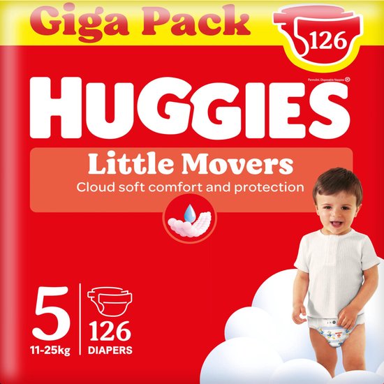 Huggies® Little Movers baby diapers, Size 5 (11 to 25 kg), 126 diapers with Disney© designs, Giga pack - Packaging damaged