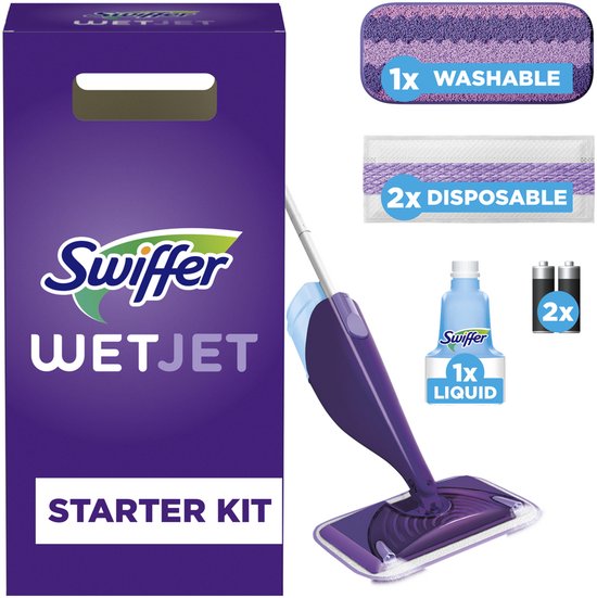 SwSwiffer WetJet - Alles-In-één Dweilsysteem Startset - Voor Iedere Vloer - 2 Wegwerpdoekjes + 1 Wasbaar Vloerdoekje + 500ml Schoonmaakmiddel - Verpakking beschadigd