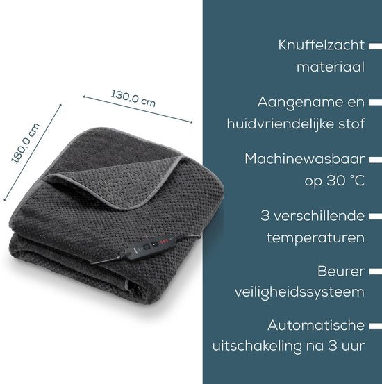 De Beurer HD 65 Dark Grey warmtedeken - 1 persoons 180x130cm - Knuffeldeken - Beschadigde verpakking