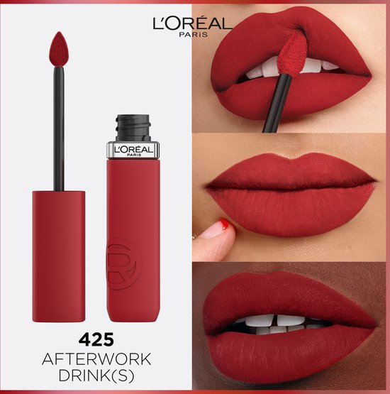 L'Oréal Paris Infaillible Matte Resistance Lippenstift – Langanhaltender flüssiger Lippenstift mit mattem Finish, angereichert mit Hyaluronsäure – 425 Afterwork Drinks – Vegan – 5 ml