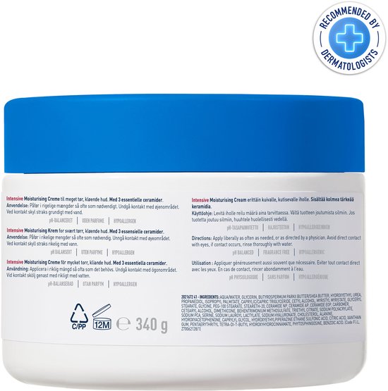 CeraVe Intensief Hydraterende Crème - Voor een droge tot zeer droge huid - Met 3 essentiële ceramiden en Hydro-Urea Complex - 340g