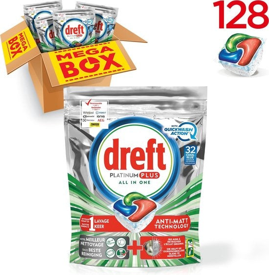 Dreft Platinum Plus Cool Blue - Quarterly box 4x32 Pieces - Dishwasher tablets