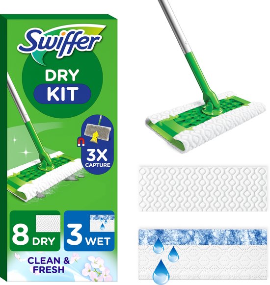 Swiffer Bodenreiniger Starterset – Mit 1 Bodenabzieher + 8 trockenen + 3 feuchten Bodentüchern Nachfüllpackungen – Verpackung beschädigt