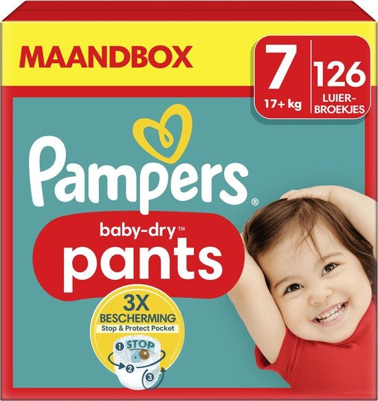 Pampers Baby-Dry Pants Größe 7 (17 kg+), 126 Windelhosen – Monatsbox