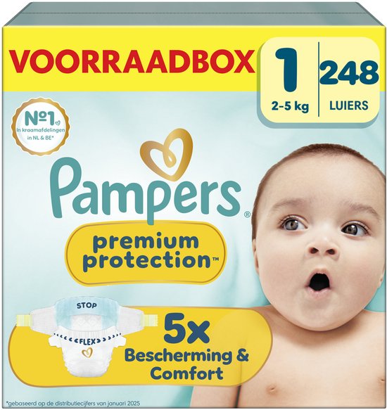 Pampers Premium Protection Maat 1 - 248 Luiers - 2kg-5kg - Voorraadbox
