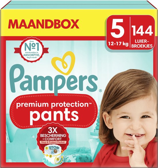 Pampers Premium Protection Pants – Größe 5 (12 kg–17 kg) – 144 Windeln – Monatsbox – Verpackung beschädigt