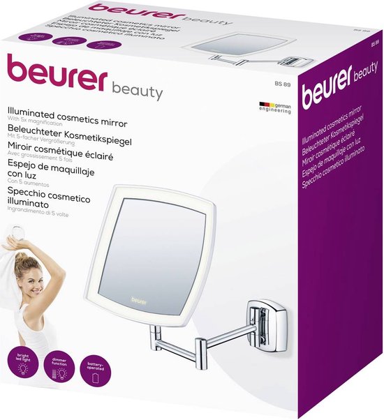 Beurer BS 89 Make up mirror - LED lighting all around - Wall mirror - Wall mounting - 5x magnification - Square 16 x 16 cm - Dimmer - Incl. batteries - 3 year warranty - Packaging damaged