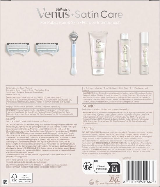 Geschenkpaket Venus Satin Care – Rasierer + 2 Rasierklingen + 2-in-1-Reiniger + Rasiergel 190 ml + Peeling 177 ml + beruhigendes Serum 50 ml – Verpackung beschädigt