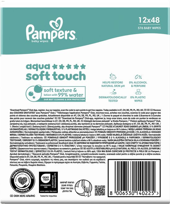 Pampers Aqua Soft Touch Babydoekjes - 12 Verpakkingen Van 48 Doekjes = 576 Doekjes