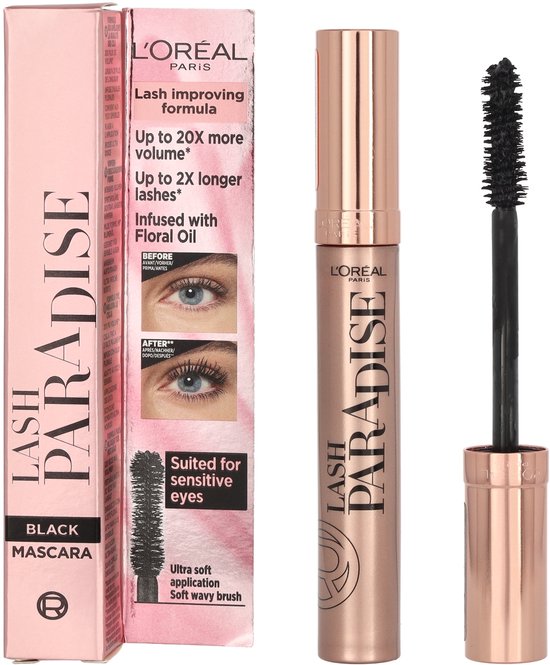 L'Oréal Paris Lash Paradise Black Mascara – 01 Black – Schwarze Volumen-Mascara, angereichert mit Blütenöl – 6,4 ml