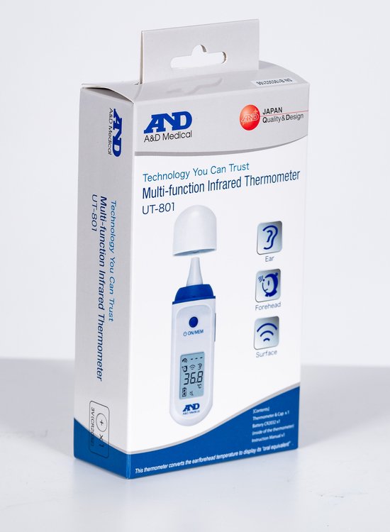 A&D UT-801 2-in-1 infrarood thermometer (voorhoofd & oorthermometer)