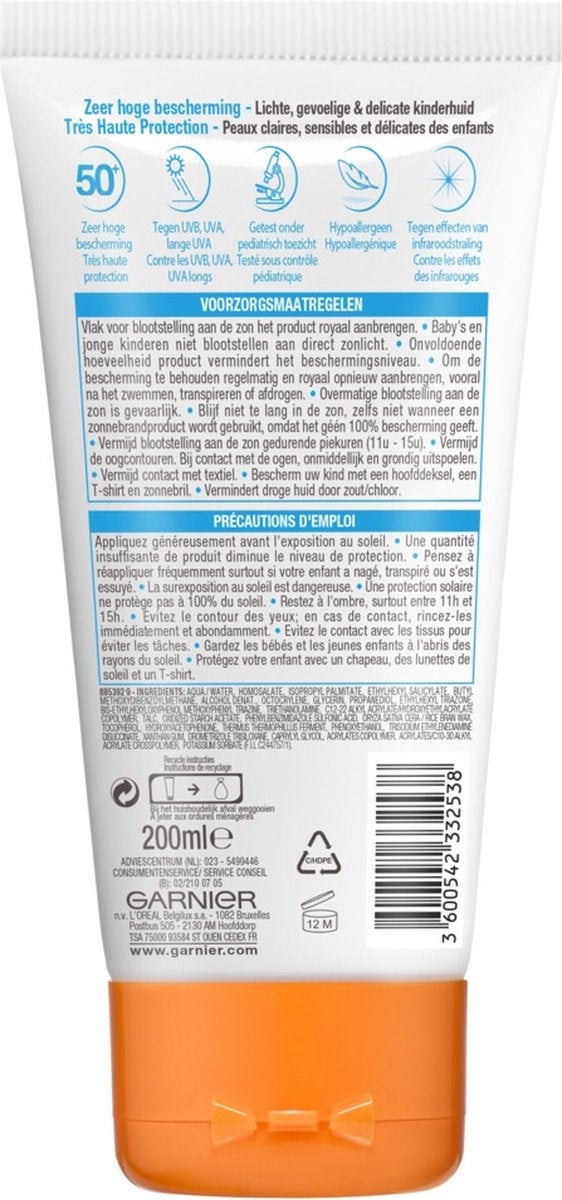 Garnier Ambre Solaire Kids Sensitive Zonnemelk SPF 50+ 200ml - Verpakking beschadigd