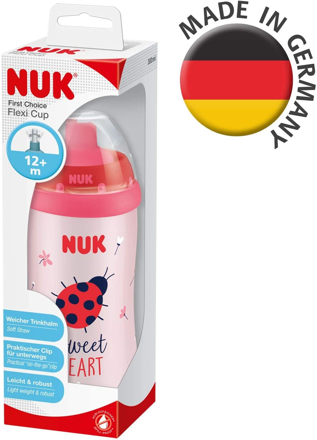 NUK Flexi Cup Drinkfles, Lekvrij met Rietje & Clip 300ml - Sweet Heart