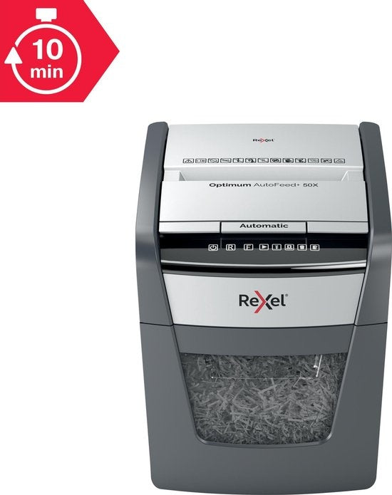 Rexel Optimum AutoFeed+ 50X Whisper-Quiet Paper Shredder with Anti-Jam Technology for Home Office/Home Workplace - P-4 Cross-cut - Input up to 50 Sheets - 20 Litre Bin - Black