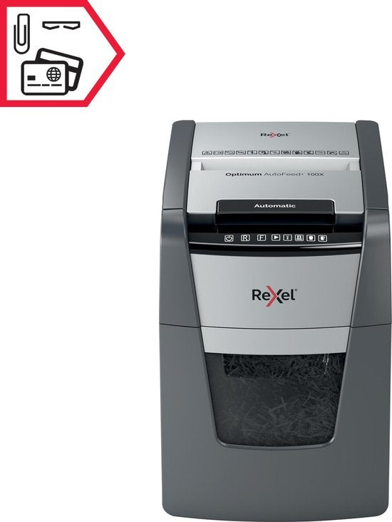 Rexel Optimum AutoFeed+ 100X Whisper-Quiet Paper Shredder with Anti-Jam Technology for Home Office - P-4 Cross-cut - Feeds up to 100 Sheets - Shreds Documents, Staples, Paper Clips, Credit Cards - 34 Litre Waste Bin - Black