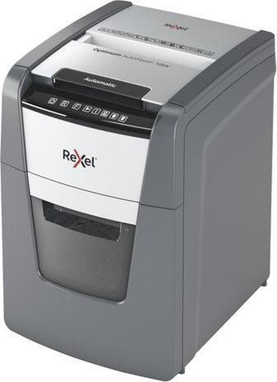 Rexel Optimum AutoFeed+ 100X Fluisterstille Papierversnipperaar met Anti-Vastloop Technologie voor Thuiswerkplek - P-4 Snippers - Invoer tot 100 Vellen - Vernietigt Documenten, Nietjes, Paperclips, Creditcards - Opvangbak Van 34 Liter - Zwart