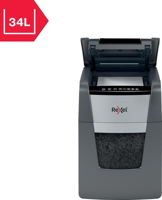 Rexel Optimum AutoFeed+ 100X Whisper-Quiet Paper Shredder with Anti-Jam Technology for Home Office - P-4 Cross-cut - Feeds up to 100 Sheets - Shreds Documents, Staples, Paper Clips, Credit Cards - 34 Litre Waste Bin - Black