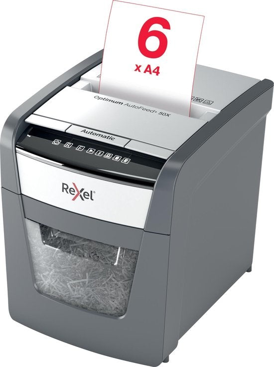 Rexel Optimum AutoFeed+ 50X Whisper-Quiet Paper Shredder with Anti-Jam Technology for Home Office/Home Workplace - P-4 Cross-cut - Input up to 50 Sheets - 20 Litre Bin - Black