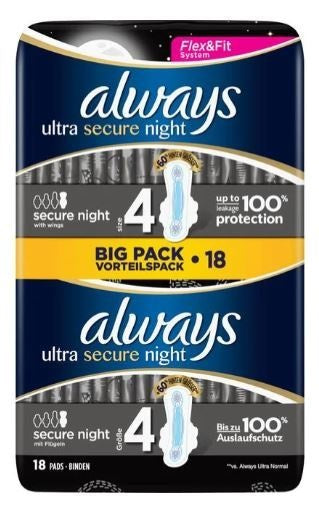 Always Ultra Secure Night – 18 Stück – Damenbinden mit Flügeln