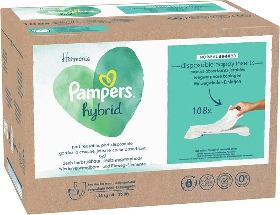 Pampers Harmonie Hybrid – Waschbare Windel – 108 saugfähige Einweg-Oberschichten – Verpackung beschädigt