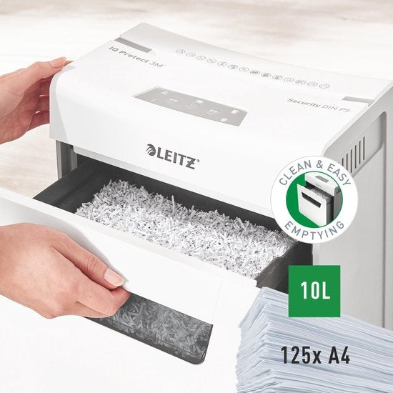 Leitz IQ Protect Premium 3M Ultra-leiser Aktenvernichter für Zuhause/Heimbüro – P-5 Mikro-Aktenvernichter – Eingabe von bis zu 3 Blatt – 10-Liter-Auffangbehälter – Weiß