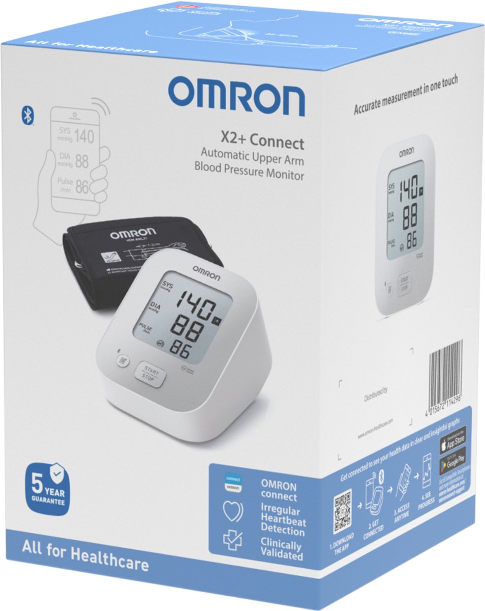OMRON X2+ Connect, klinisch gevalideerde bloeddrukmeter, met Bluetooth voor OMRON connect App, met universeel manchet (22-42cm)