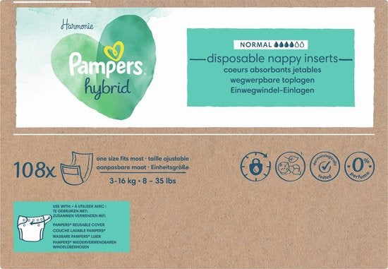 Pampers Harmonie Hybrid – Waschbare Windel – 108 saugfähige Einweg-Oberschichten – Verpackung beschädigt