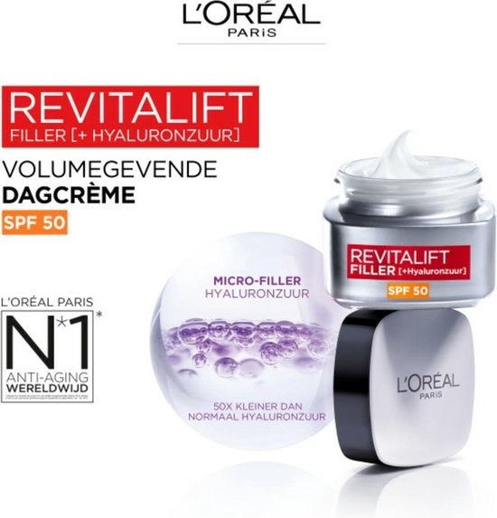 L'Oréal Paris Revitalift Filler Anti-Aging-Tagescreme SPF50 – 50 ml – Gesichtspflege mit Hyaluronsäure