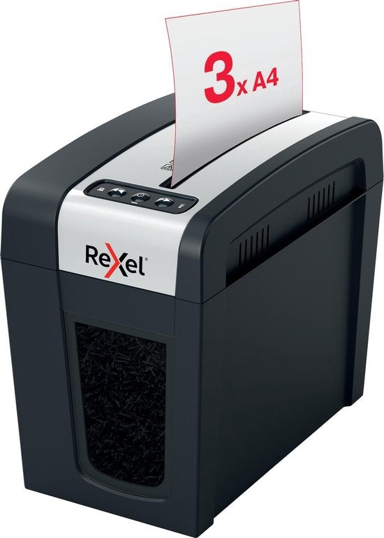 Rexel Secure MC3-SL Fluisterstille Papierversnipperaar voor Thuis/Thuiswerken - P- 5 Microsnippers - Invoer tot 3 A4-Vellen - Vernietigt Documenten, Nietjes En Paperclips - Opvangbak Van 10 Liter - Zwart