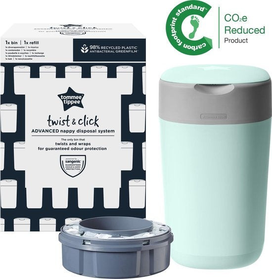 Tommee Tippee Eco-Friendly Twist &amp; Click Nappy Pail - with 1 Refill Cassette - Green