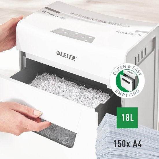 Leitz IQ Premium Protect 10X Ultraleiser P-4 Aktenvernichter P-4 Aktenvernichter für Zuhause/Heimarbeitsplatz – Eingabe von bis zu 10 Blatt – 18-Liter-Behälter – Weiß