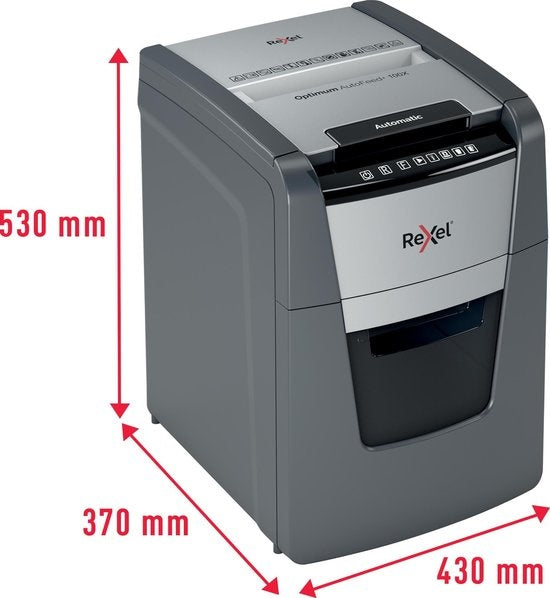 Rexel Optimum AutoFeed+ 100X Whisper-Quiet Paper Shredder with Anti-Jam Technology for Home Office - P-4 Cross-cut - Feeds up to 100 Sheets - Shreds Documents, Staples, Paper Clips, Credit Cards - 34 Litre Waste Bin - Black