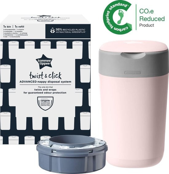 Tommee Tippee Eco-Friendly Twist &amp; Click Nappy Pail - with 1 Refill Cassette - Pink - Damaged Packaging